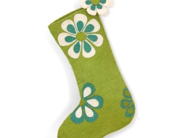 Hand Felted Wool Christmas Stocking - Flower Power in Green