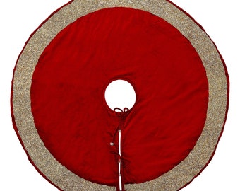 Luxurious Red Velvet Christmas Tree Skirt with Hand-Beaded Gold Border, 60-72 Inch Heirloom