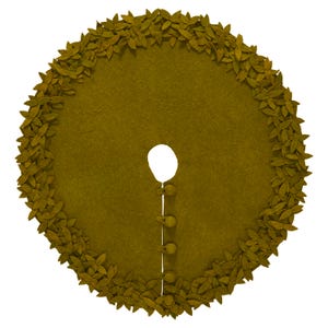 May include: A round, olive green felt Christmas tree skirt with a decorative border of felt leaves.