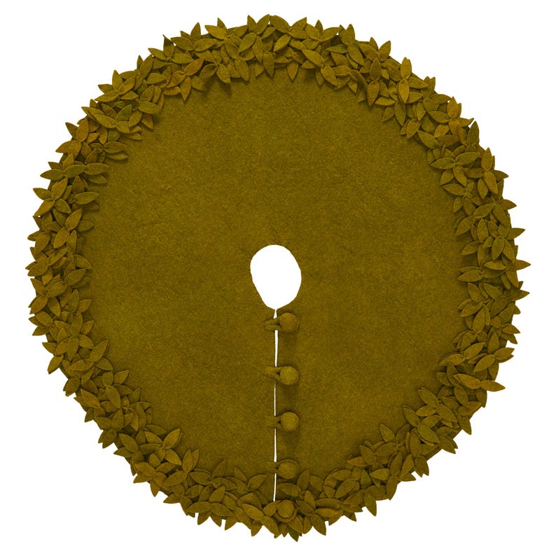 May include: A round, olive green felt Christmas tree skirt with a decorative border of felt leaves.