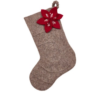 Hand-Felted Wool Christmas Stocking with Red Amaryllis on Gray Background - Rustic Holiday Decor