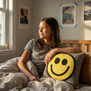 Hand-Felted Wool Happy Sad Face Pillow Cover – 2 Sided pillow- 20 Inch Whimsical Decor