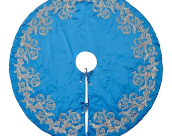 Luxurious Hand-Beaded Christmas Tree Skirt: Imperial Blue, Gold & Silver, 60-72 Inch Heirloom Decor
