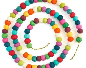 Multicolor Rainbow Ball Garland -Hand Felted Wool- Christmas Pom Poms - 6&#39;, Colorful Xmas, Long garland