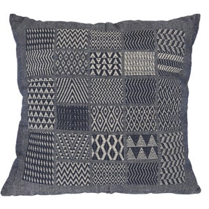 Indigo Blocks Cotton Pillow, Artisan Made, Hand Loomed Cotton Pillow, 24&quot; Square, Living Room, Guest Room, Beach House, Summer House