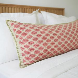 Oversized Red Cotton Lumbar Body Pillow with Green Stitching, Artisan Hand-Loomed for Living Room and Bedroom, 16"x48"