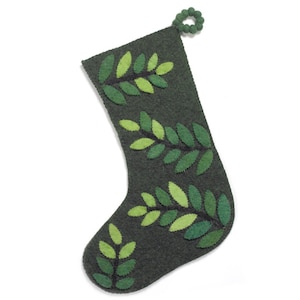 Lush Green Felted Christmas Stocking for a Nature-Inspired Christmas - Leaves Stocking on Green