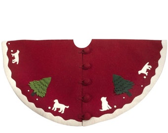 Dog Lover Christmas Tree Skirt in Hand Felted Wool - Dogs with Trees on Red- 60", Dog Lover ,Puppy Xmas Labrador, Golden Retriever, Heirloom