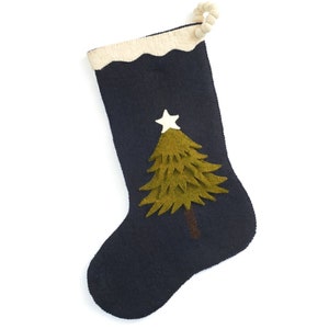 Hand Felted Wool Christmas Stocking - Tree on Navy Blue