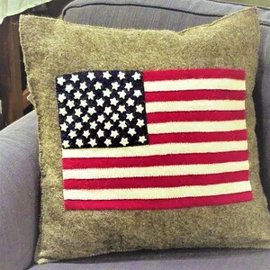 Hand Felted Wool Pillow  - American Flag - Grey -20&quot; Independence Day, 4th of July , Patriotic decor