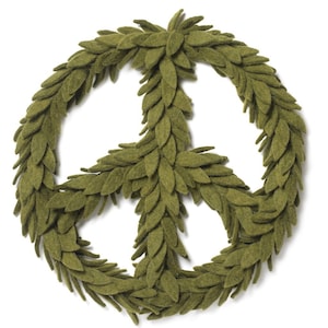 Handmade Hand Felted Wool Wreath - Peace Symbol in Green - 14&quot;