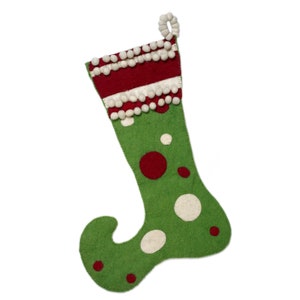 Hand Felted Wool Christmas Stocking, Green Jester with Red, 22&quot;x8&quot;, Festive Xmas, Kids Christmas, Heirloom, Xmas mantel, Xmas decor