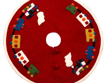 26&quot; Mini Christmas Tree Skirt - Train on Red - in Hand Felted Wool, Tabletop, Small, Kids, Boy, Family, Luxury, Elegant, Handmade, Iconic