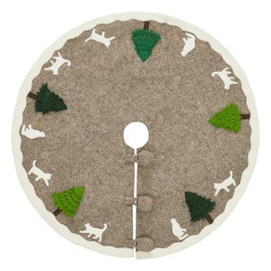 May include: A brown felt Christmas tree skirt with a white trim and a white felt applique of a cat and a green felt applique of a Christmas tree.