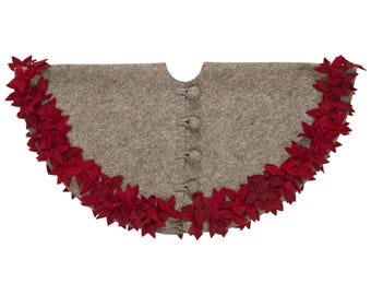 Extra Large Hand Felted Wool Christmas Tree Skirt - Natural with Red Flowers, Classic Rustic Decor (64")