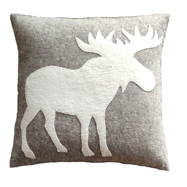 Hand Felted Wool Pillow - Cream Moose Silhouette Gray - 20