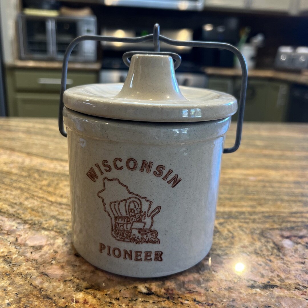 Vintage Wisconsin Pioneer Stoneware Cheese Crock W/lid & Wire Bail 6 ...