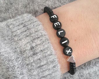 ARMBAND Perlen Name Schwarz Herz Silber Buchstaben