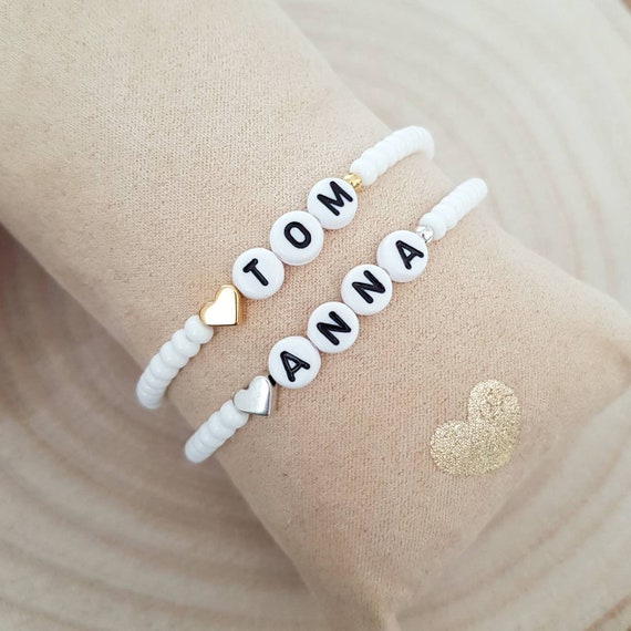 PULSERA Nombre Perlas Blancas Corazón Nombre Letras -  México