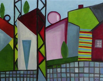 May include: Abstract painting of a city scene with colorful geometric shapes and buildings. The painting features a variety of colors, including red, green, blue, yellow, and pink. The buildings are arranged in a random pattern, and the overall effect is one of chaos and energy.