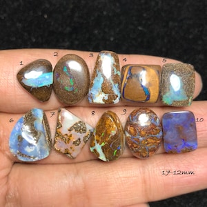 Puede incluir: Una colección de diez piedras preciosas de ópalo pulidas en varias formas y colores, incluyendo marrón, azul y blanco. Las piedras preciosas varían en tamaño de 12 mm a 17 mm. Los ópalos se muestran en una mano.