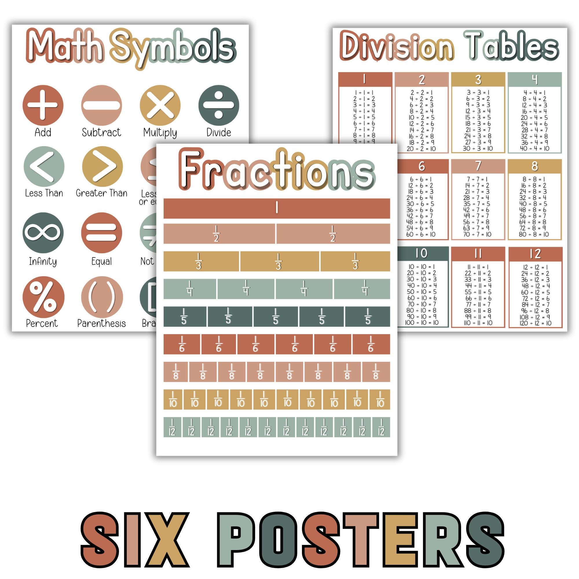 Boho Math Classroom Posters Set – 6 Educational Prints in Two Sizes ...