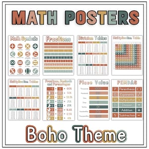 May include: A collection of educational math posters in a boho style. The posters cover topics such as math symbols, fractions, division, multiplication, place value, and the order of operations (PEMDAS). The words "MATH POSTERS" and "Boho Theme" are visible.