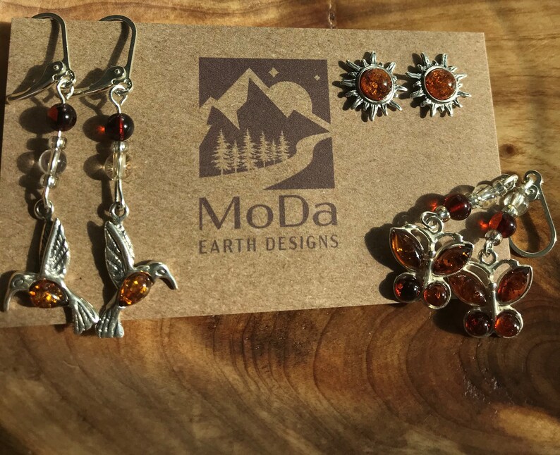 Set of Genuine Sterling Silver and Baltic Amber Butterflies and Glorious Sun Earrings Hummingbirds Joy of Life Amber! 3