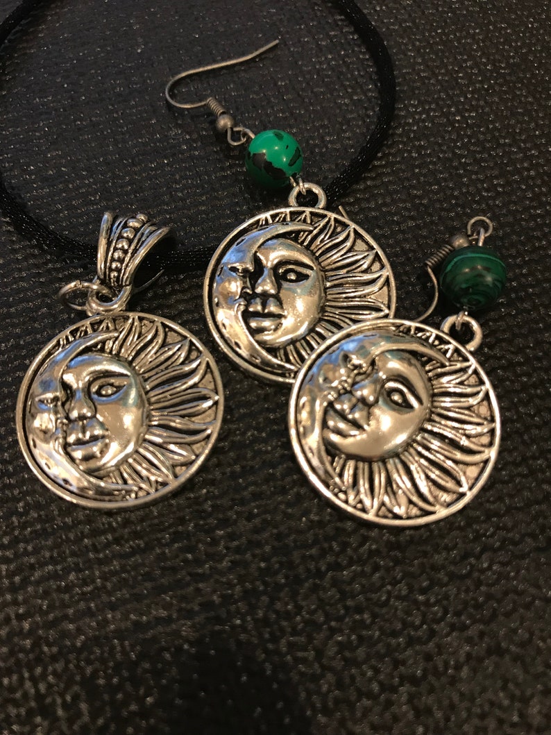 Sun /& Moon Necklace and Malachite Beaded Earrings on soft silk cord!