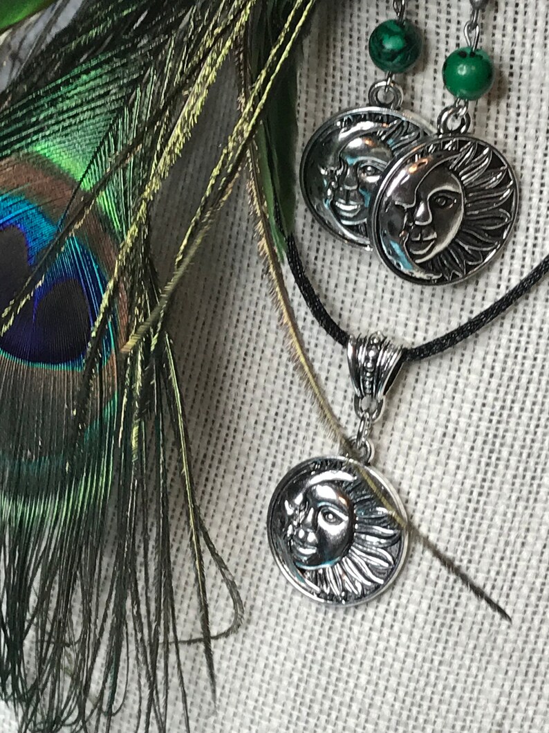 Sun /& Moon Necklace and Malachite Beaded Earrings on soft silk cord!