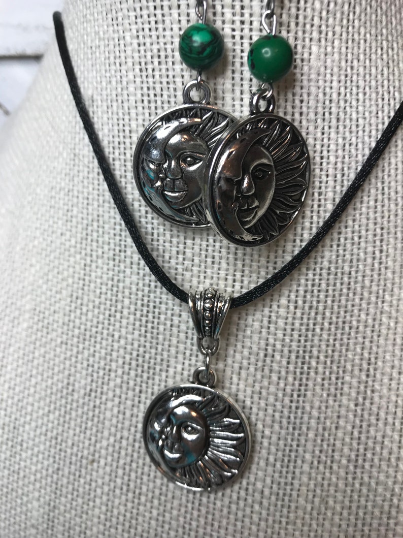Sun /& Moon Necklace and Malachite Beaded Earrings on soft silk cord!