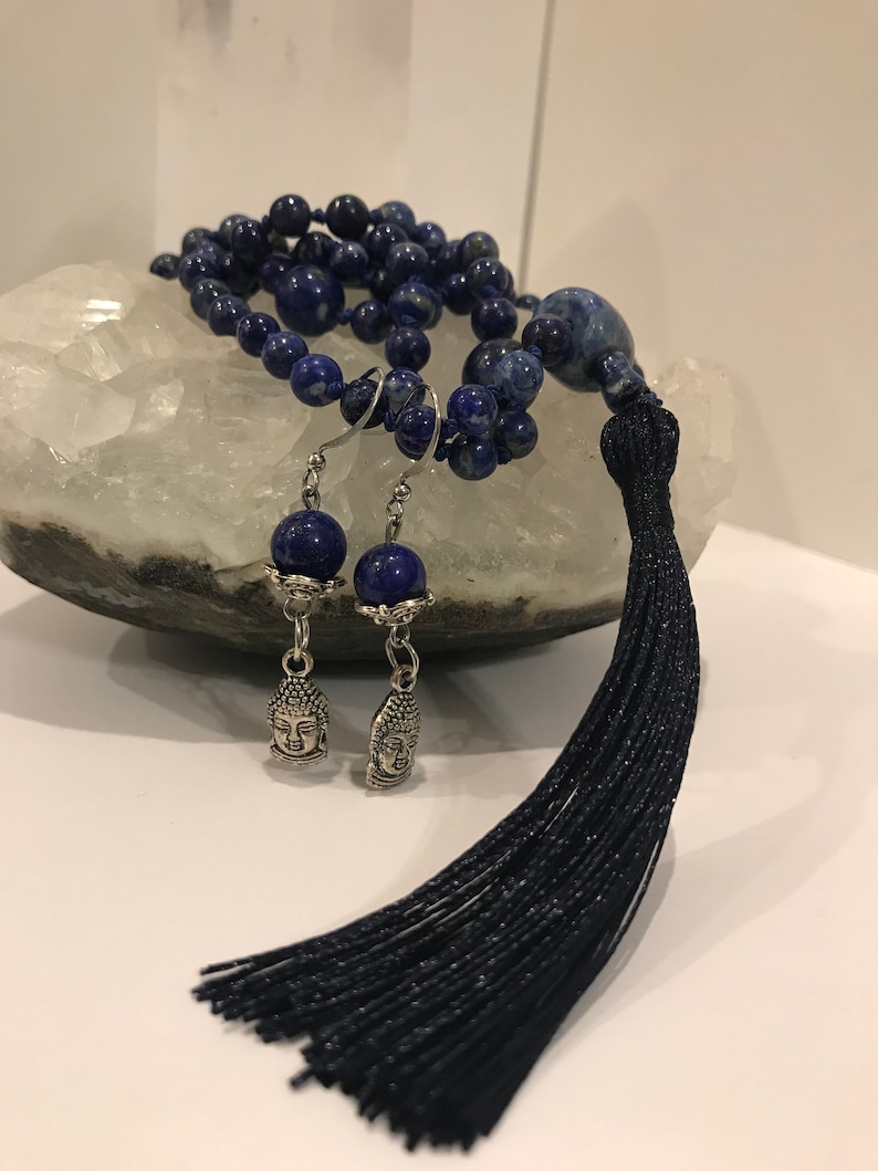 Or choose a different charm Calming Lapis Lazuli /& Sodalite Mala Necklace with FREE Little Buddha Earrings