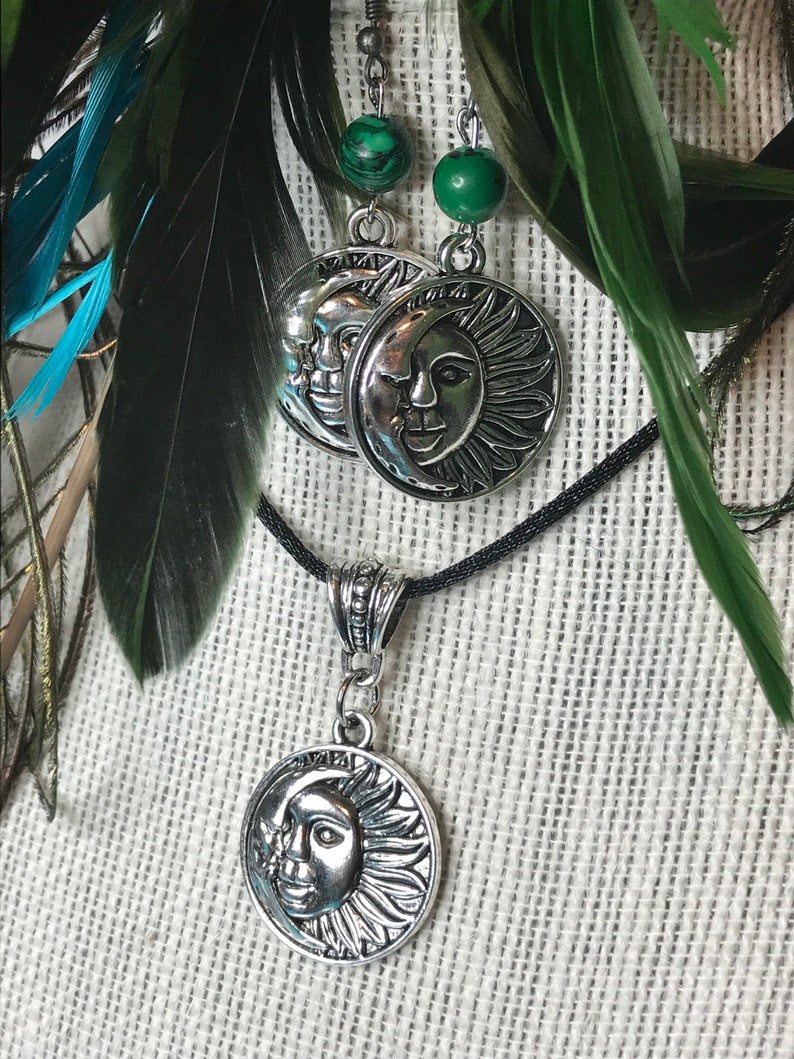 Sun /& Moon Necklace and Malachite Beaded Earrings on soft silk cord!