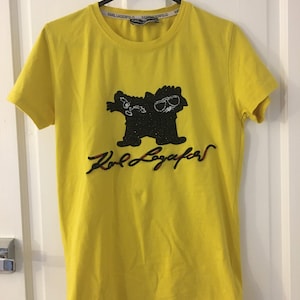 Vintage Karl Lagerfeld designer T-shirt. Yellow tight stretchy T-shirt with black cat. Size S/M