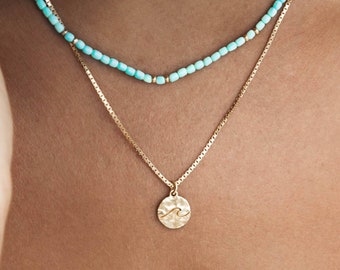 Wave Necklace Gold,Medallion Necklace,Minimalist Gold Coin Necklace,Ocean Necklace For Surfers