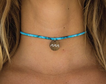 Lycra Choker Necklace with Driftwood /'Moon /& Sun/' Charm summer surfer travel jewelry