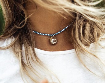 Lycra Choker Necklace with Driftwood /'Moon /& Sun/' Charm summer surfer travel jewelry