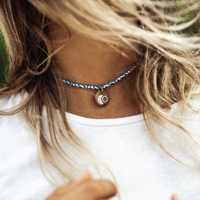 Lycra Choker Necklace with Driftwood /'Moon /& Sun/' Charm summer surfer travel jewelry