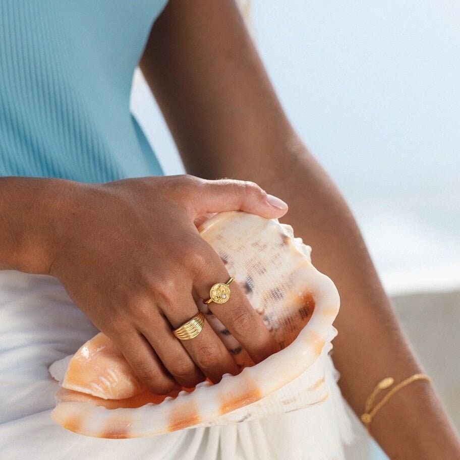 Coral Pearl Gold Ring,Adjustable Ring Size,Ocean Lover Handmade Summer Jewelry,Beach Ring,Dainty Ring,Starfish Shell Ocean Jewelry