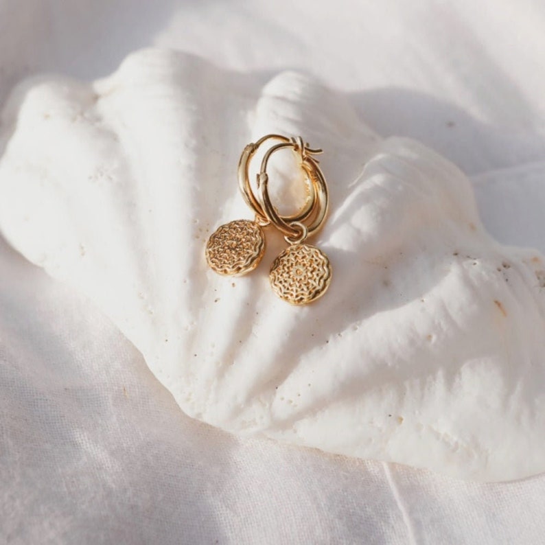 Mandala Gold Earrings,Handmade Gold Hoops,Mandala Pendant,Bohemian Jewelry,Mothers Day Gift,Round Earring image 2