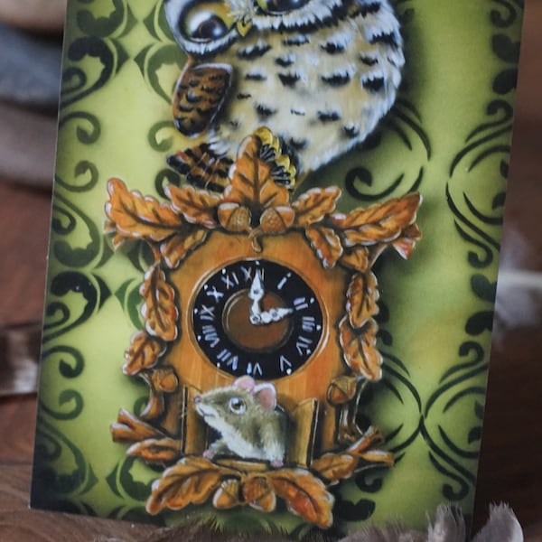 Hibou Carte postale Hibou Carte postale, horloge, souris