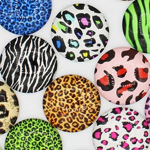 May include: A collection of round, glass cabochons with various animal print designs. The prints include leopard spots, zebra stripes, and blue leopard spots. Other designs feature pink, green, and white animal prints.