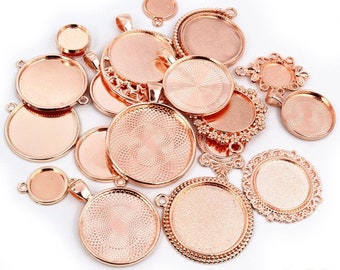 May include: A collection of round rose gold pendant trays in various sizes and decorative styles. Some trays have ornate edges, while others are plain. The text "Round Rose Gold" is visible at the bottom of the image.