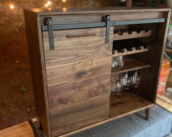 Modern Walnut Liquor Cabinet with Sliding Door & Wine Storage