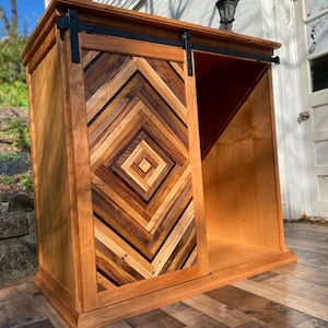 Cherry Bar Cabinet: Mini Fridge Storage with Barn Door
