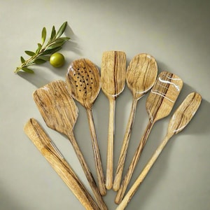 Handmade Black Limba Wood Cooking Utensil Set: 7-Piece Kitchen Cookware