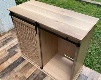 White Oak Bar Cabinet with Rattan Door, Mini Fridge Storage
