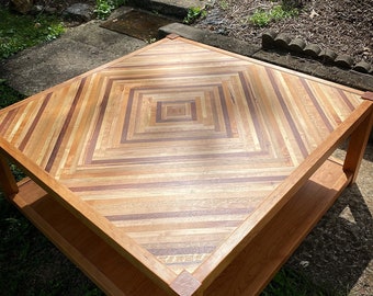 Cherry Coffee Table with Mosaic Top / Coffee Table / Wood Mosaic Coffee Table / Solid Wood Coffee Table / Diamond Design Coffee Table /