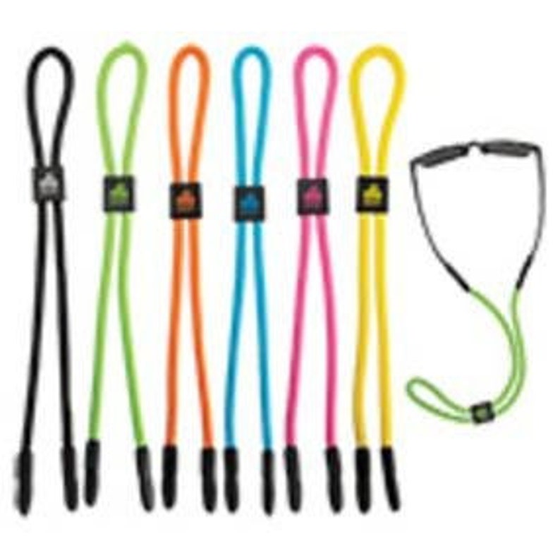 May include: Set of seven colorful eyeglass straps with black tips. The straps are made of a soft, stretchy material and are designed to keep glasses secure.