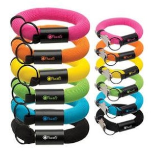 May include: Assortment of colorful, woven keychains with a black metal ring and a black plastic insert with the word "Pearl" printed on it.